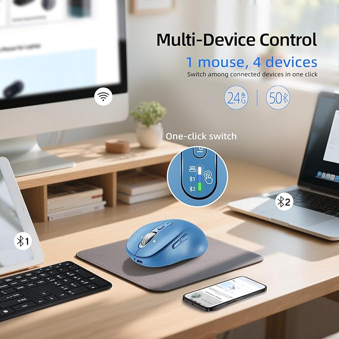 Wireless Bluetooth Mouse Rechargeable,USB+BT×2,Multi Device Quiet Ergo Computer Mouses,Metal 4-Way Super Scrolling,± 3200 DPI,10 Button,Plug&Play,Cordless Mice for Laptop,Tablet,Mac,iPad,PC,Phone-Blue