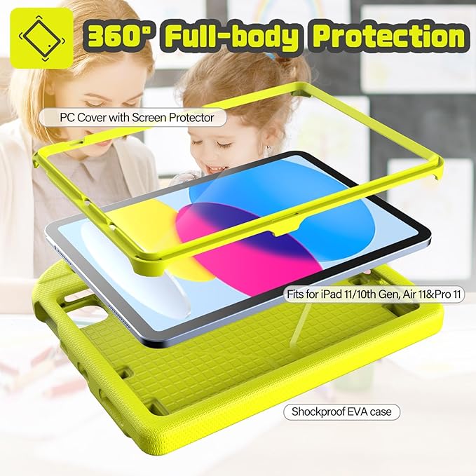 YIHE Kids Case for iPad (A16) 11th Generation 11 Inch 2025 & iPad 10th Generation 10.9 inch 2022, with Built-in Screen Protector and Stable Stand, Full Body Shockproof Protective Cover - Light Yellow