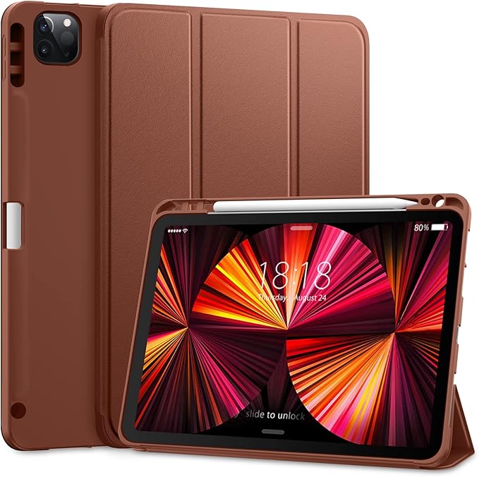 DTTO for iPad Pro 11 inch 4th/3rd/2nd/1st Generation 2022/2021/2020/2018 Case, Smart Slim Trifold Stand Soft TPU Back Cover with Built-in Pencil Holder, Also Fit iPad Air 5/4,Brown