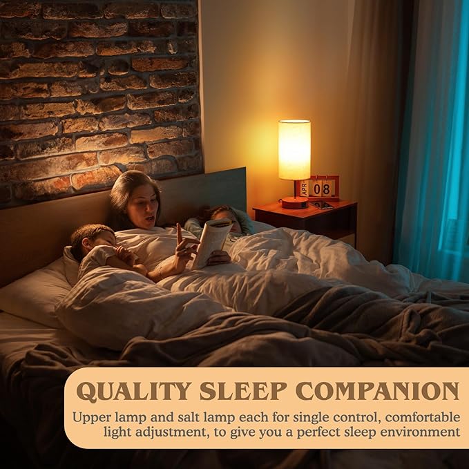 UNIFUN Touch Control Bedside Table Lamp with USB-C Charging Ports, 4-Way Dimmable Nightstand Lamp with Wood Base & Fabric Shade for Bedroom Living Room