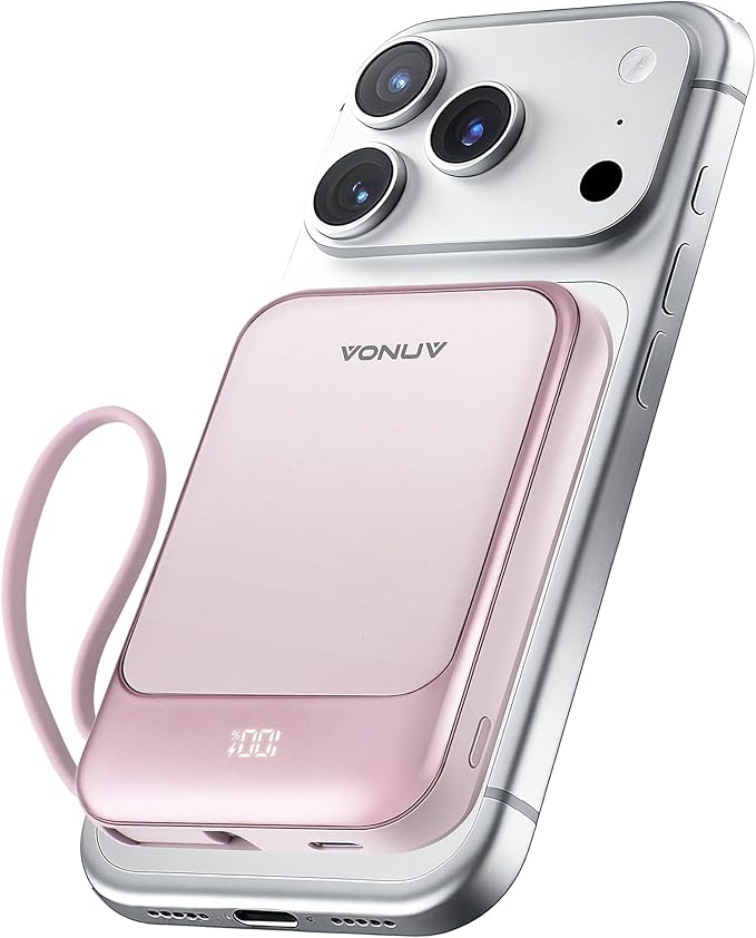 Magnetic Power Bank 10000mAh, Wireless Portable Charger with 15W Max Fast Charging & Built-in USB-C Cable, 22.5W PD LED Display Battery Pack Compatible with iPhone 17/16/15, Samsung Galaxy(pink)