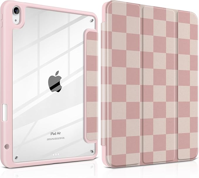 Case for iPad Air 11 inch M4 2026 M3 2025 M2 2024 Release with Pencil Holder - Aesthetic Cute Design Trifold Cover with Soft TPU Bumper Clear Back Auto Sleep/Wake for Girls Women, Lattice