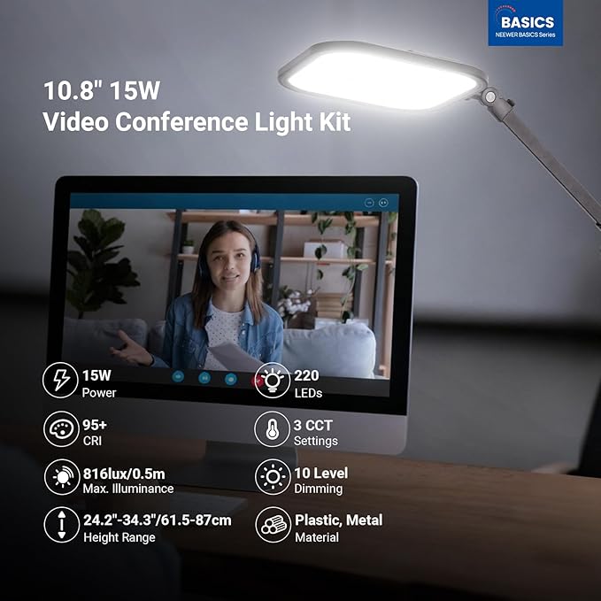 NEEWER Basics 10.8" Video Conference Lighting with Desk Clamp Stand, 15W Bi Color Edge Lit Full Screen Dimmable Streaming Light CRI95+ for Video Recording Computer Laptop Webcam Zoom Calls, L220