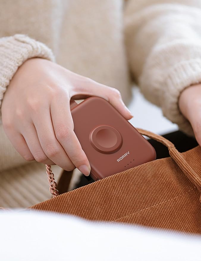 RORRY Portable Charger, 5000mAh Portable Charger Power Bank with Built-in Cables, Travel Keychain Battery Pack for Apple Watch Ultra/11/10/9/8/7/6/SE, iPhone Air/17/16/15/14/13/12, Cinnamon Clay