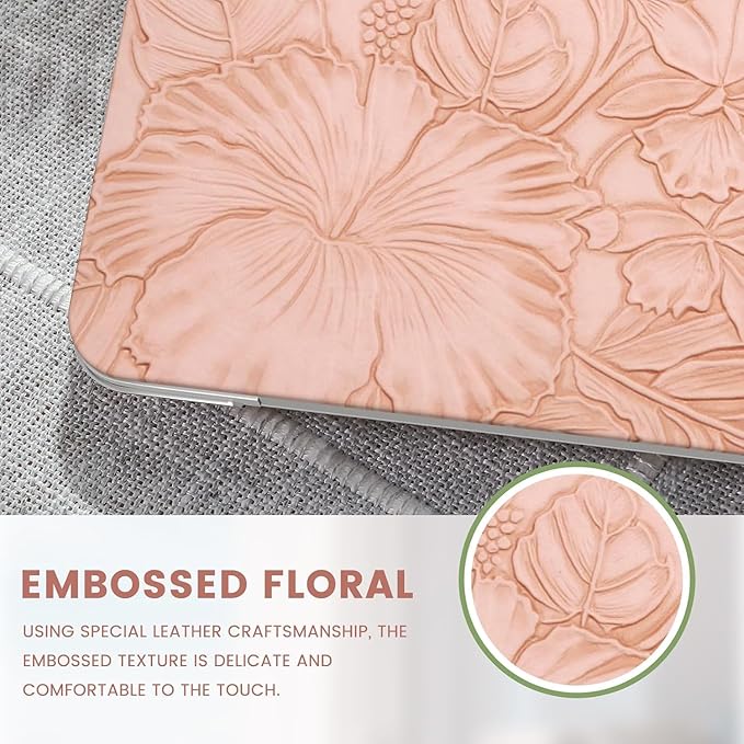 iCasso for MacBook Air 13 Inch Case M5 2026 2025-2022 A3449 M4 A3240 M3 A3113 M2 A2681, Retro Leather Hard Shell Case for MacBook Air 13.6 Inch+Keyboard Cover+Screen Protector, Pink Embossed Floral