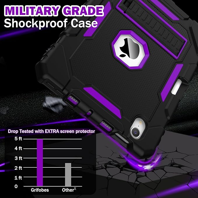 Grifobes Case for iPad mini 7 (A17 Pro) 2024 / Mini 6 2021 8.3 inch, Heavy Duty Shockproof Rugged Cover with Pencil Holder Stand, for I Pad Mini 7th/6th Gen 8.3" Case (Black+Purple)