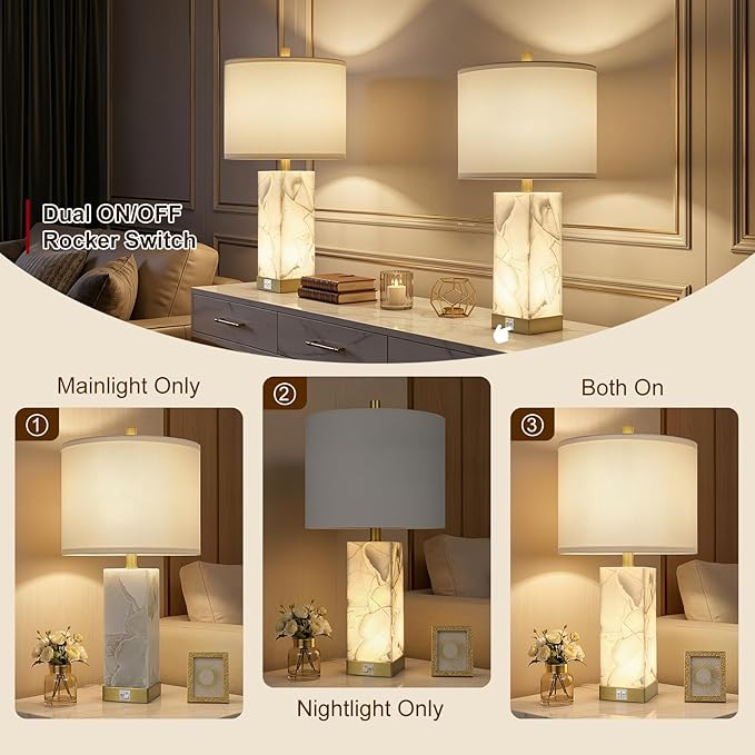 Scenekoy 23" Alabaster Table Lamps Set of 2 for Living Room Bedroom, Bedside Lamps with USB A+C Ports, Modern Table Lamp with Linen Shade for Living Room Bedroom Nightstand (Bulbs Included)