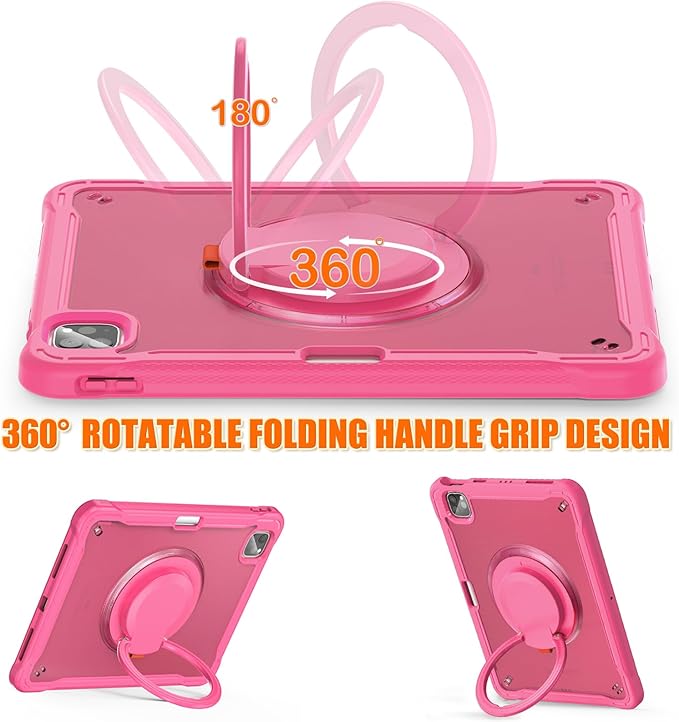 Batianda Ultimate Protective Case for iPad Pro 11-inch 2022 4th M2 Chip /2021 (3rd Generation) Rugged Shockproof Tablet Cover with 360° Rotatable Kickstand & Shoulder Strap & Pencil Holder, Pink