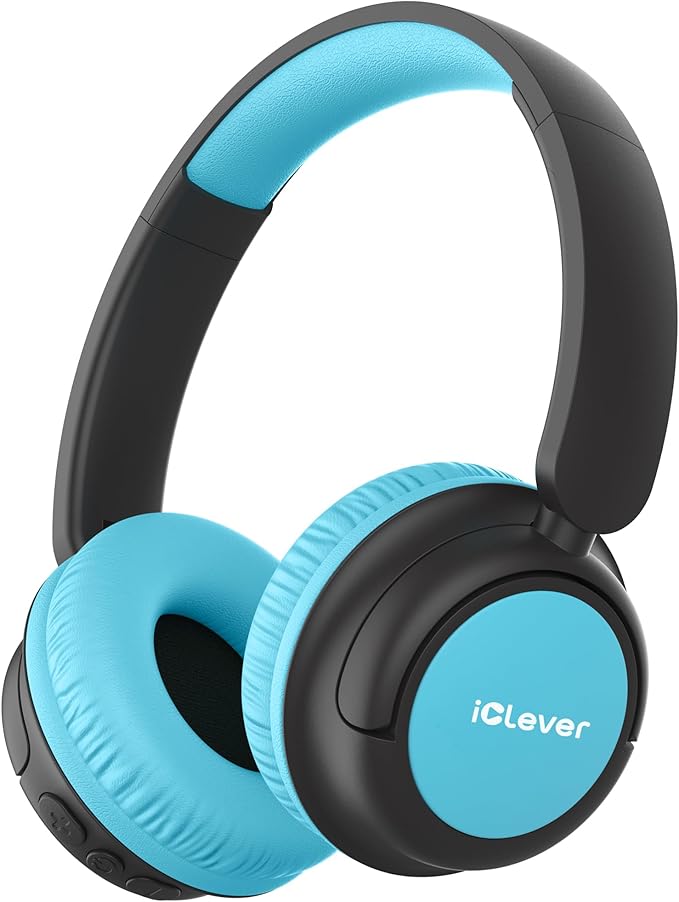 iClever BTH22 Kids Bluetooth Headphones, 60H Play Time, 74/85 dBA Safe Volume, Bluetooth 5.4, USB C, Over Ear Kids Headphones Wireless with Mic AUX Cord for iPad/Tablet/Travel/School (Black/Blue)