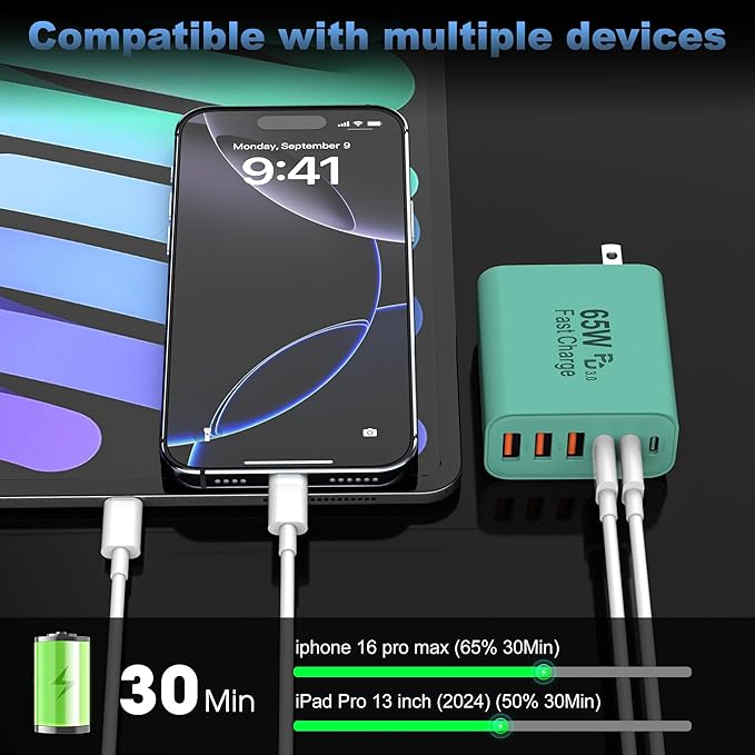 USB C Charger Block,65W 6-Port USBC Charging Block,Wall Charger iPhone Charger Fast Charging,Multiport Type C PD+QC Power Plug for All iPhone 17 16 15 iPad Samsung S23 S24 iWatch Pixel Series (Green)