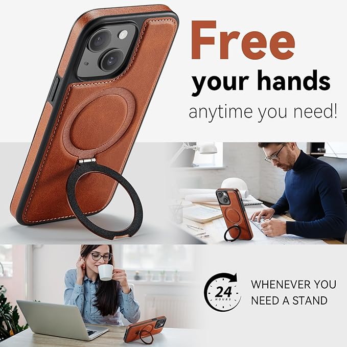 for iPhone 14 Plus Case with Stand Compatible with Magsafe Slim PU Leather & Durable TPU Drop Proof Magnetic Kickstand Protective Cover with Tempered Glass Screen Protector 6.7", Brown