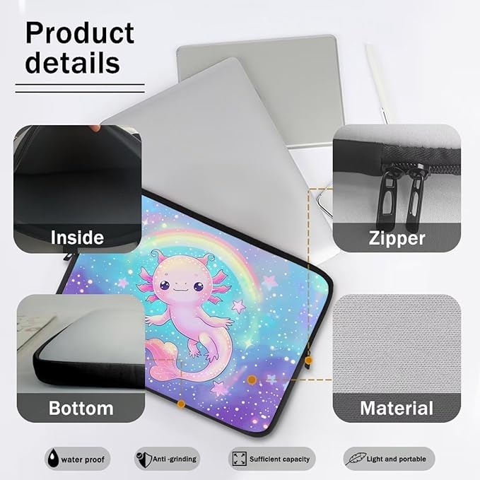 Rainbow Axolotl Computer Sleeve for Women Girls Laptop Sleeve 13 inch Neoprene Laptop Covers with Padded Compartment Lap Top Case Galaxy Computer Carrying Bag Purple
