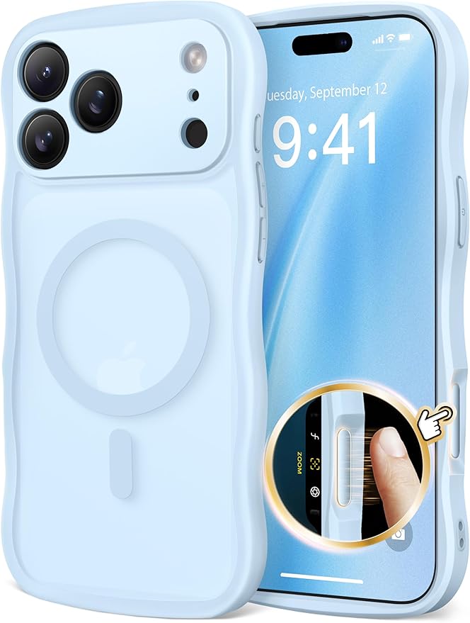 CAPRARO Magnetic for iPhone 17 Pro Max Case for Women Girls, Upgraded [Full Camera Protection] [Compatible with MagSafe] Cute Wave Translucent Matte Phone Case for iPhone 17 Pro Max, Light Blue