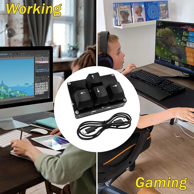 BTXETUEL Mini 4-Key Keypad WASD Arrow Key Keycaps Keyboard One-Handed Mechanical Gaming Keypad Programmable USB-C Customized Keyboard for Working or Gaming (Black, Arrow Keycaps 2)