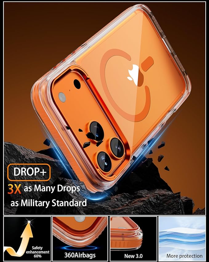 Full Body Protection Kit for iPhone 17 Pro Case, MagSafe Compatible Clear Cover, Orange Non-Slip Grip Bumper, N52 Magnetic Backing, Includes Tempered Glass Screen Protector and Lens Film