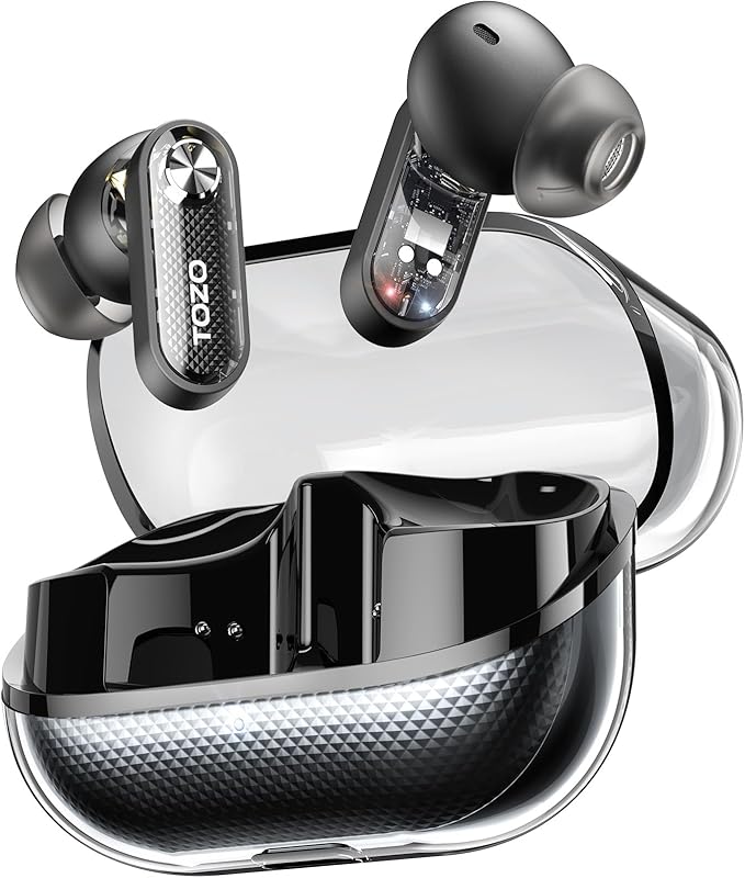 TOZO Crystal Pods Hybrid Active Noise Cancelling Wireless Earbuds, 10mm Drivers Deep Bass, 4 Mics Smart ENC AI Calls, Real-Time AI Translation, 32 EQ via App, Bluetooth 5.4, Crystal Design