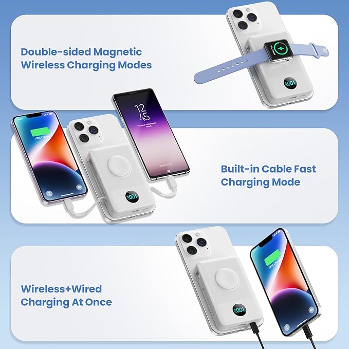 Magnetic Portable Charger for MagSafe with Built-in Cable, iWatch Charger, 10800mAh Wireless Power Bank Travel Essentials, 25W PD Fast Charging Battery Pack for iPhone 17/16/15/14/13,Apple Watch-White