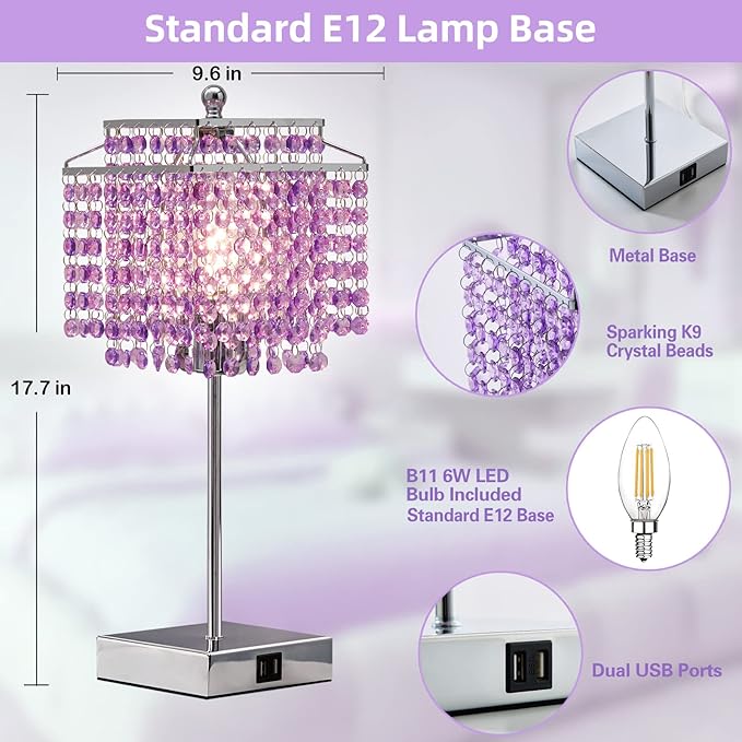 Luvkczc Crystal Table Lamp, Touch Lamp with USB C+A Ports, Dimmable Lamp with Crystal Shade, Purple Nightstand Lamp for Girl Bedroom, Living Room, Bulb Included