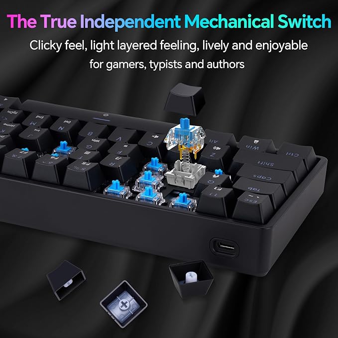 Mechanical 60% Gaming RGB Keyboard 61 Keys Wired USB DIY Customize Backlight Macro keypad Ultra-Compact Blue Switches Compatible with Windows Mac Linux Laptop PC Computer(Black)