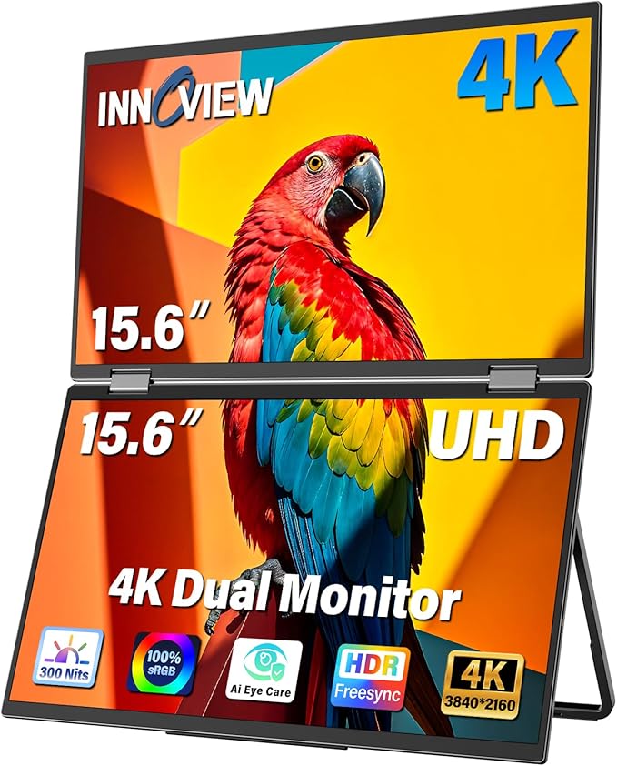 InnoView Portable Dual Monitor 15.6" 3840x2160P 4K 100% sRGB | Owl Eye Vision - Foldable Design with 315° Screen Adjustment, 180° Stand | DP/USB-C/HDMI, Dual Screen Extender for Laptop, Mac, Windows