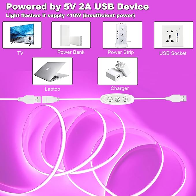 Pink LED Strip Lights USB 5V 4.9ft Small Dimmable COB Light Strip with USB Dimmer Switch for Bedroom, Gaming Setup, TV Backlighting, Vanity Mirror, DIY Crafts, Pink Room Decor