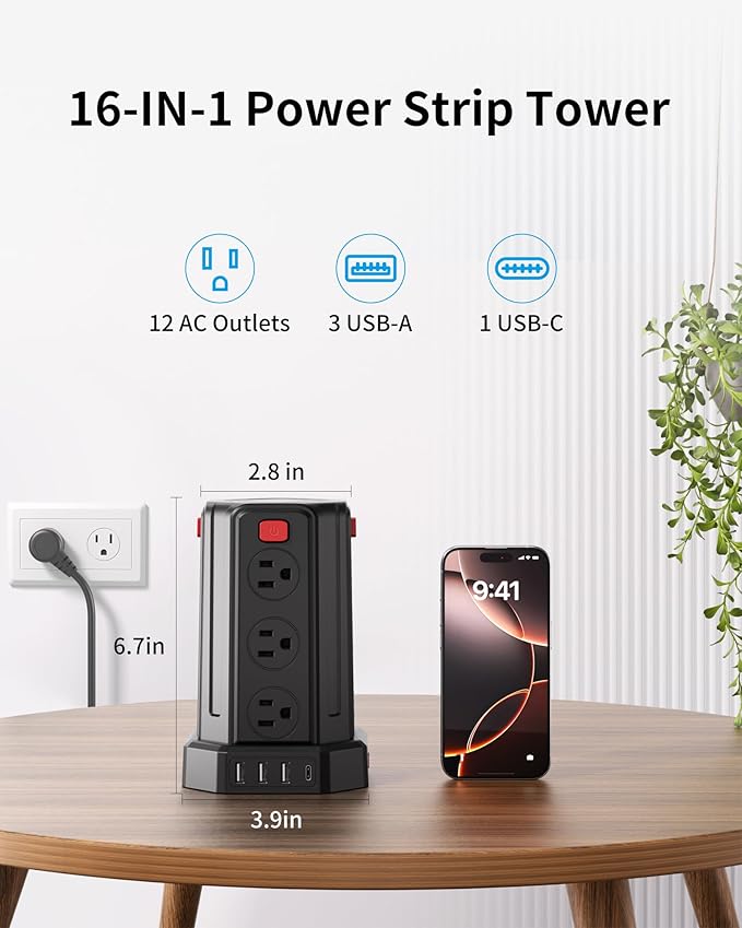 Power Strip Surge Protector Tower,Extension Cord with 12 AC Multiple Outlets 4 USB (1 USB C), SMALLRT Power Strip Tower Desktop Charging Station (Black, 6.5 FT-2PC)