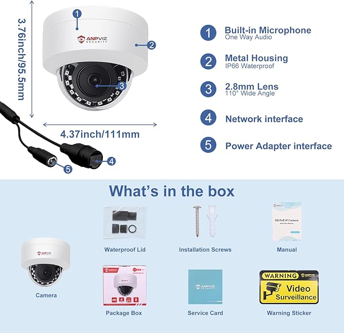 Anpviz 4MP PoE IP Dome Camera with Microphone/Audio, IP Security Camera Outdoor Indoor, 98ft Night Vision, IP66 Waterproof, 2.8mm Wide Angle Lens, 24/7 Recording, Not PTZ, NDAA,IPC-D240W-S (U Series)