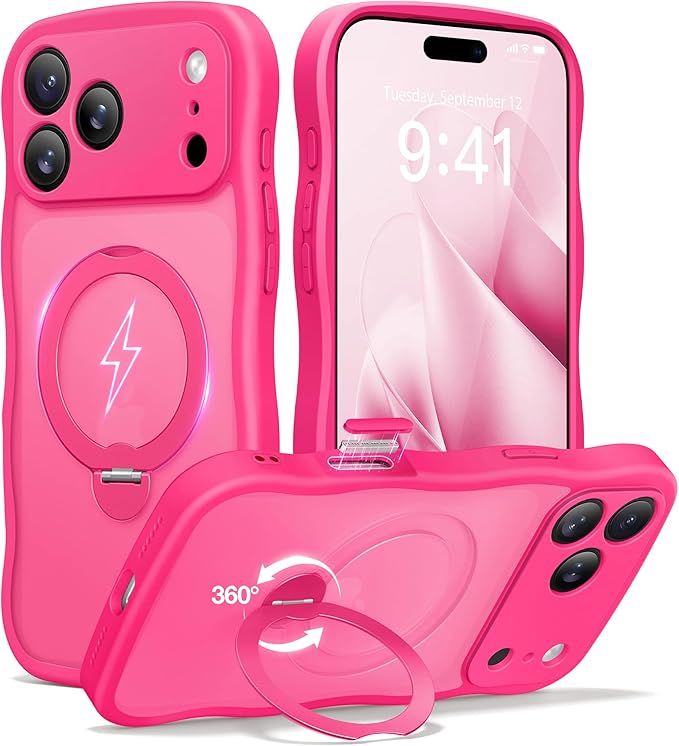 CAPRARO for iPhone 17 Pro Max Case with 360° Spin Magnetic Stand for Women, [Compatible with MagSafe] [Full Camera Protection] Cute Wave Translucent Matte Case for iPhone 17 Pro Max,Hot Pink