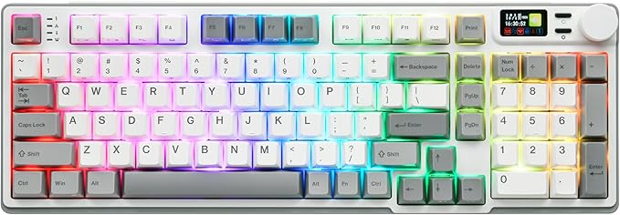 iRocks K85R Wireless RGB Backlit Mechanical Gaming Keyboard with LCD Display, Hot-Swappable Pre-lubed Brown Switches, 98 PBT Keys, USB-C Detachable Cable (ICY White, Bubble Switch)