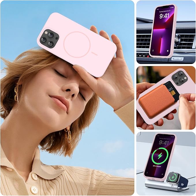 Miracase Magnetic for iPhone 13 Pro Max Case, [Soft Anti-Scratch Microfiber Lining], Magnetic for MagSafe, Liquid Silicone Shockproof Drop Protection Phone Case for 13 Pro Max, Sand Pink