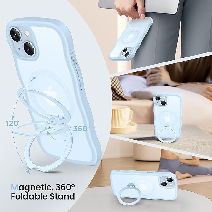 CAPRARO for iPhone 13 Case & iPhone 14 Case with 360° Spin Magnetic Stand for Women, [Compatible with MagSafe] [Camera Protection] Cute Wave Translucent Matte Case for iPhone 13/14, Light Blue