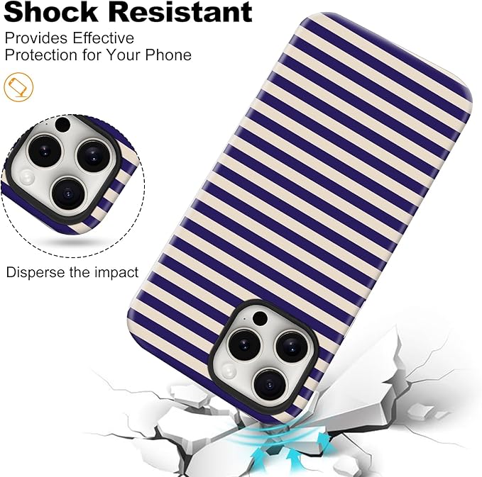 Magnetic for iPhone 15 Pro Max Case Cute Stripes Phone Case, Shockproof Slim TPU and Hard PC Protective Phone Cover Compatible with MagSafe Designed for Women Girls, Blue&Apricot