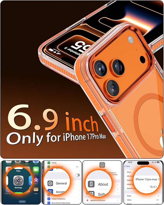 Full Body Protection Kit for iPhone 17 Pro Max Case, MagSafe Compatible Clear Cover, Orange Non-Slip Grip Bumper, N52 Magnetic Backing, Includes Tempered Glass Screen Protector and Lens Film
