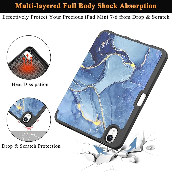 Soke Case for iPad mini 7(A17 Pro) 2024/iPad Mini 6 2021 8.3 inch with Pencil Holder-[Pencil Charging + Auto Wake/Sleep], Soft TPU Back Cover for iPad mini 7th/6th Generation(Ocean Marble)