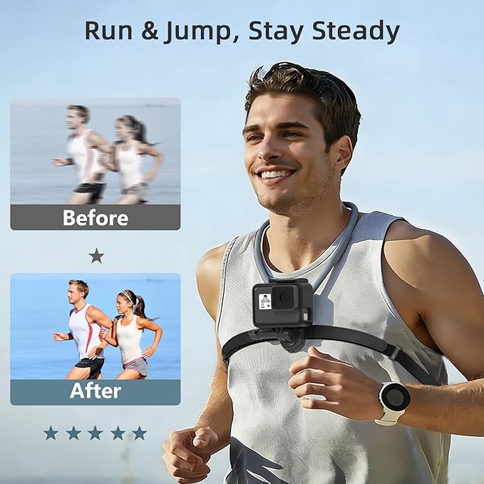 KINGJOY Action Camera Neck Mount, Flexible Silicone POV Neck Holder with Anti-Shake Chest Strap, Quick Release Magnetic Adapter Compatible with Hero 13/12, Action 5/4 & 360 Cameras for Vlogging