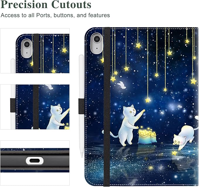 Vimorco Case for iPad (A16) 11th Generation 2025, for iPad 11th/10th Generation Case, Pencil Holder/Hand Strap/Pocket, Multiple Stand Protector PU Leather Shell Cover,Auto Wake/Sleep, Cat Picks Stars