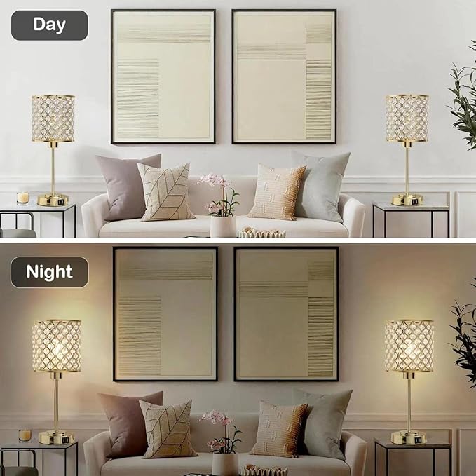 GyroVu Crystal Table Lamp for Bedroom, Touch Control Bedside Lamp with USB-C+A Ports, Dimmable Gold Bedside Lamp with Bulb, Nightstand Lamp Modern Light for Living Room