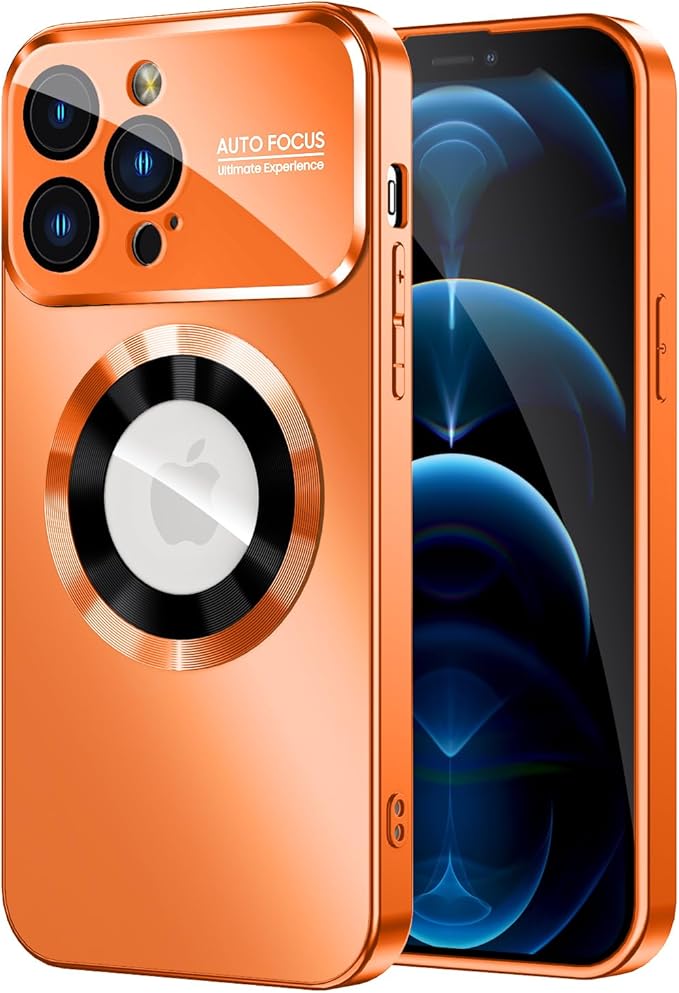 MAKAVO Magnetic for iPhone 12 Pro Max Case, Compatible with MagSafe, Built-in Camera Lens Protector, Logo View, Military Grade Drop Proof Phone Case Cover, Orange