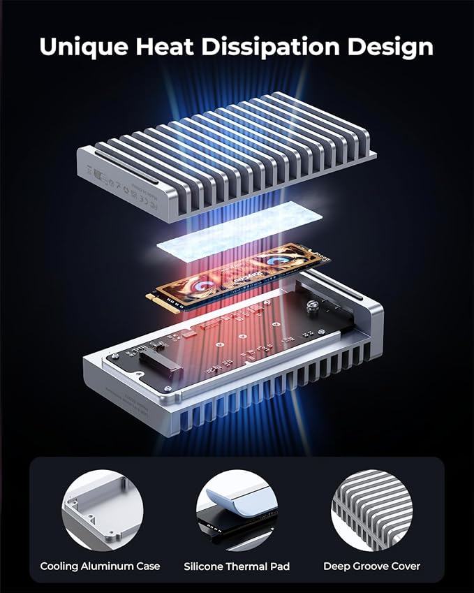 RayCue 80Gbps M.2 NVMe SSD Enclosure with Cooling Fan, Compatible with Thunderbolt 5/4/3, USB 4.0/3.2/3.0/2.0 M-Key/(M&B) Key NVMe 2280 SSD up to 8TB