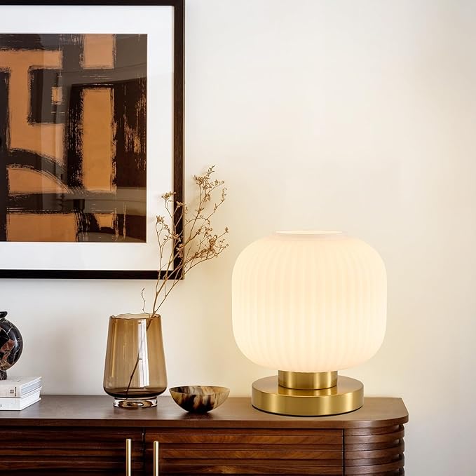 Globe Glass Mid Century Lamp: 7.9" Dimmable Milky White Brass Small Plug in Table Lamps - Vintage Cute Bedroom Ambient Bedside Nightstand Lamp - Modern Entryway Desk Shelf Gold Decorative Ribbed Lamps