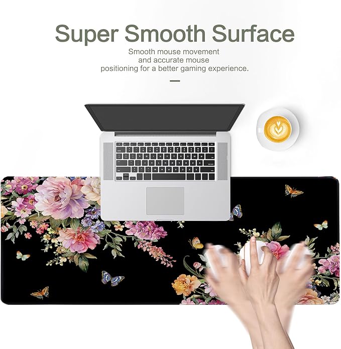 Vimorco Desk Mat Mouse Pad Butterfly Flower, Waterproof Pink Floral XL Large Gaming Desk Pad Mousepad, Black Computer Laptop Keyboard Mouse Mat for Women Girls Work, Game, Office, Home 31.5 x 11.8 in