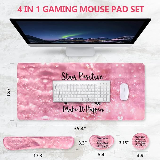DINKY Keyboard Mouse Pad Set, Large Gaming Mousepad + Memory Foam Ergonomic Keyboard Wrist Rest Support, Easy Typing Pain Relief, 4Pcs (35.4" x 15.7") Extended Desk Mat -Pink Glitter Letters