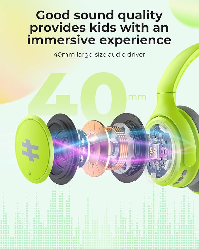 seenda Active Noise Cancelling Headphones for Kids, HEO-303 Bluetooth 5.4 60H Playtime Type C Fast Charging, 74/85/94 dB Safe Volume Limit Headset with Mic for Ipad, Airplane, Travel, Green