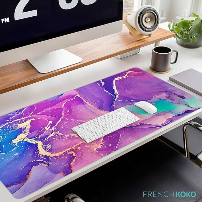 French KOKO Large Mouse Pad Desk Mat Protector Keyboard Pad Desktop Office School Essentials Decor Big Extended Laptop Computer Accessories Pretty Mousepad Women Girls Marble Purple XL 36" x 16.5"