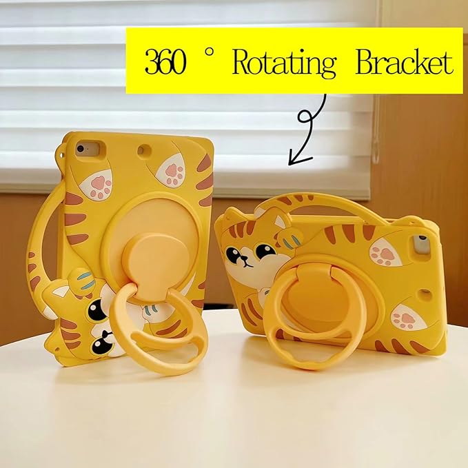 3D Cute Vivid Cat Case for iPad Air 6th/7th 11 inch 2024/2025 M2/M3(6th/7th Generation),Kawaii Cartoon Character Pretty Cat Soft Silicone Rotating Stand Case with Lanyard for Kids Teens Girls Women
