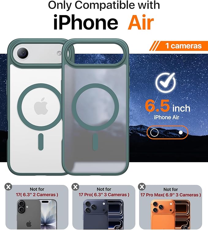Magnetic for iPhone Air Case 2025,[Anti-Slip][Compatible with MagSafe][Military Grade Drop Protection] Shockproof Protective Translucent Matte Phone Case for iPhone 17 Air Case,Night Green