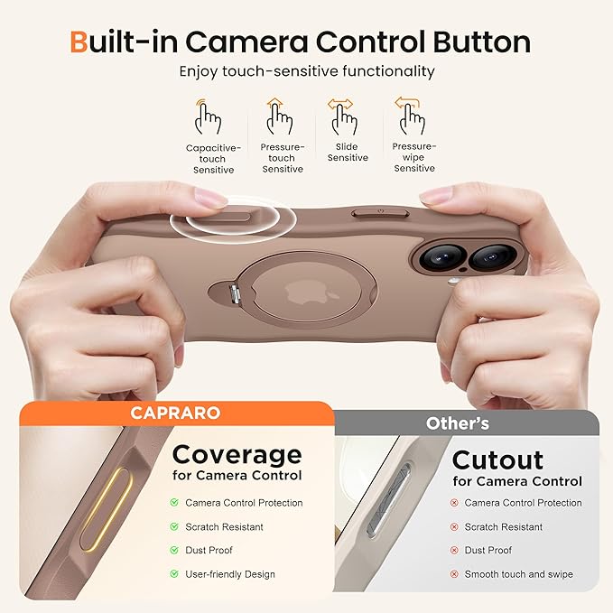 CAPRARO for iPhone 16 Plus Case with 360° Spin Magnetic Stand for Women, [Compatible with MagSafe] [Full Camera Protection] Cute Wave Translucent Matte Case for iPhone 16 Plus, Brown