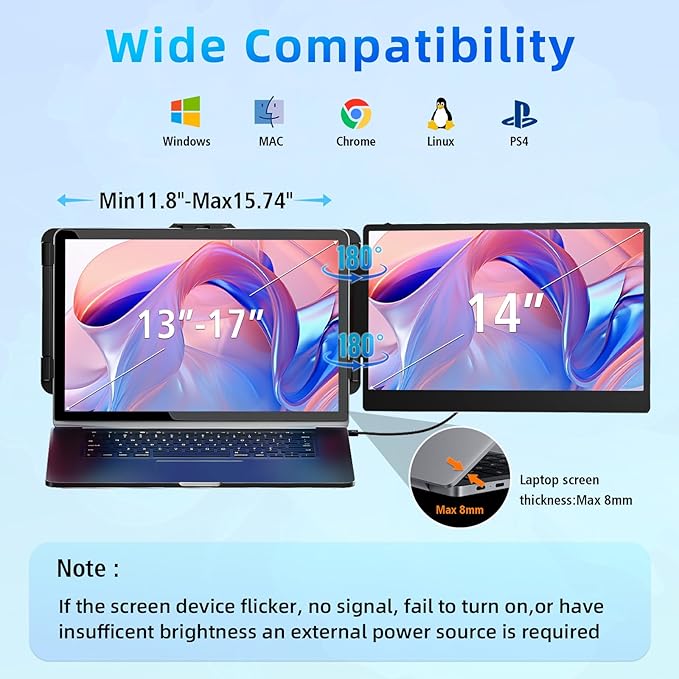Laptop Screen Extender Travel Monitor - 14" Dual Portable Monitor IPS FHD 1080P Travel Work Extra Screen Plug n Paly USB-C HDMI Port Compatible with Wins Mac Chrome Dex Fits 13-17" Laptops