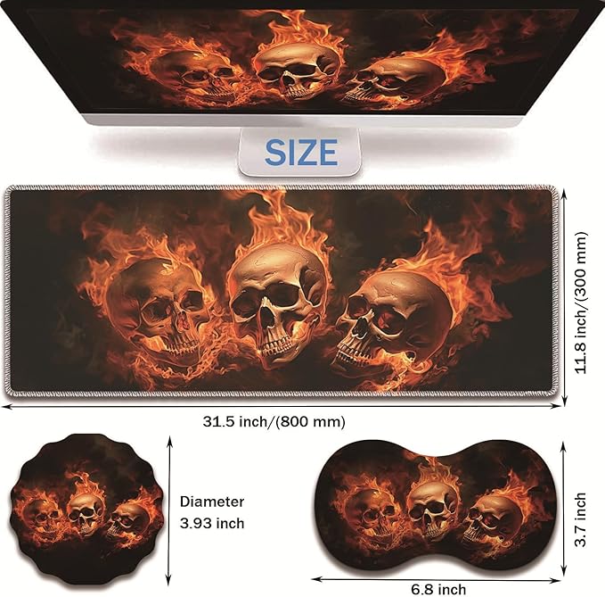 Extended Non-Slip Mouse Pad + Mouse Wrist Rest + Lace-Shaped Coaster Set, Ergonomic Design, Suitable for Desk and Home Gaming Table Mat, Fire Skulls