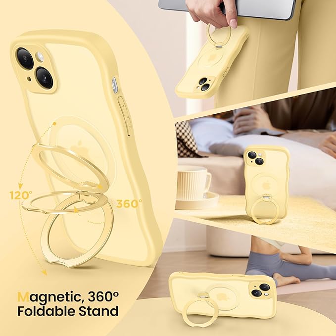 CAPRARO for iPhone 15 Case with 360° Spin Magnetic Stand for Women, [Compatible with MagSafe] [Full Camera Protection] Cute Wave Translucent Matte Case for iPhone 15, Jasmine Yellow